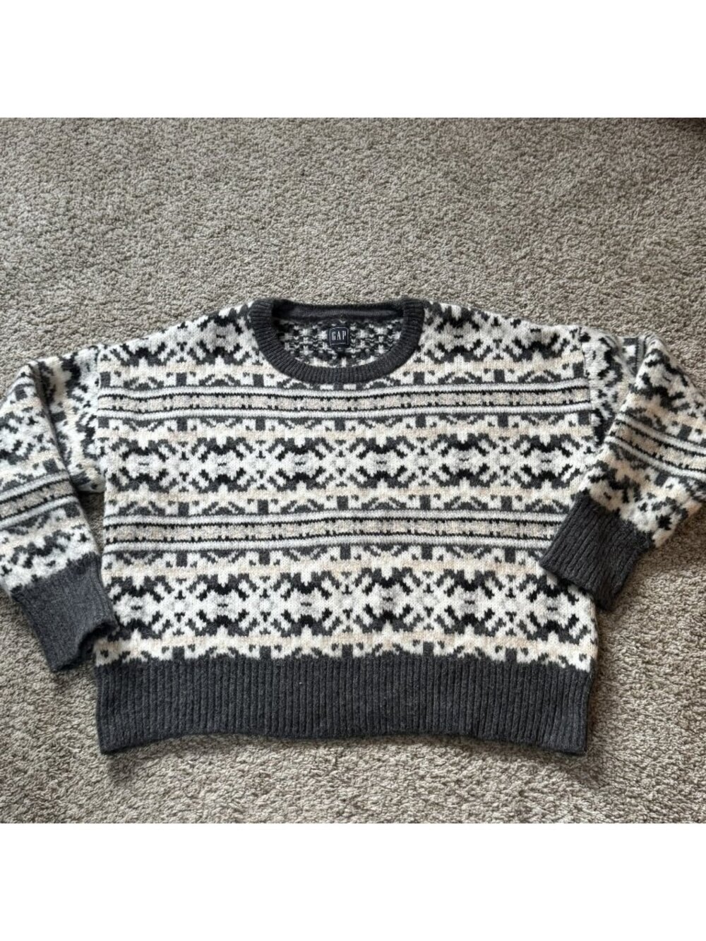 GAP Sweater Women's XL Fair Isle Knit Pullover Warm Winter Crewneck Gray Alpaca